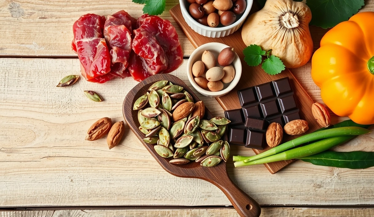 Diverse alimente bogate în zinc: carne roșie, semințe de dovleac, leguminoase, nuci, ciocolată neagră, aranjate estetic pe o masă din lemn.