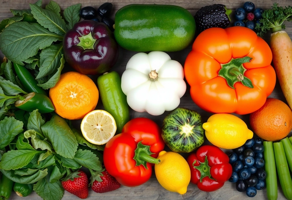 Trei tipuri de fructe și legume proaspete pe o masă de lemn