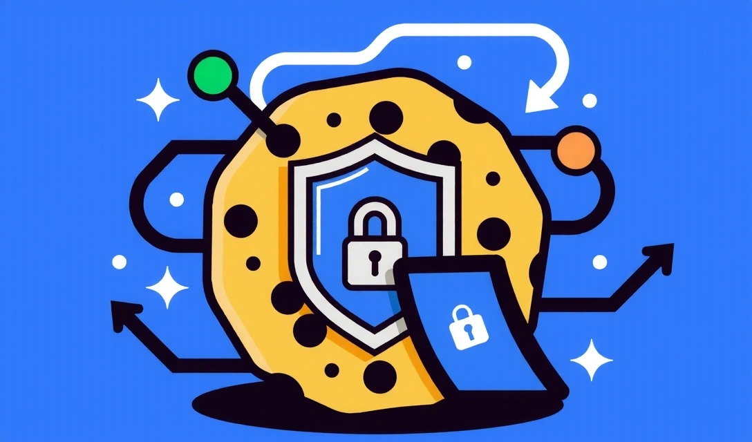 Ilustrație cu simboluri de cookie-uri și confidențialitate digitală