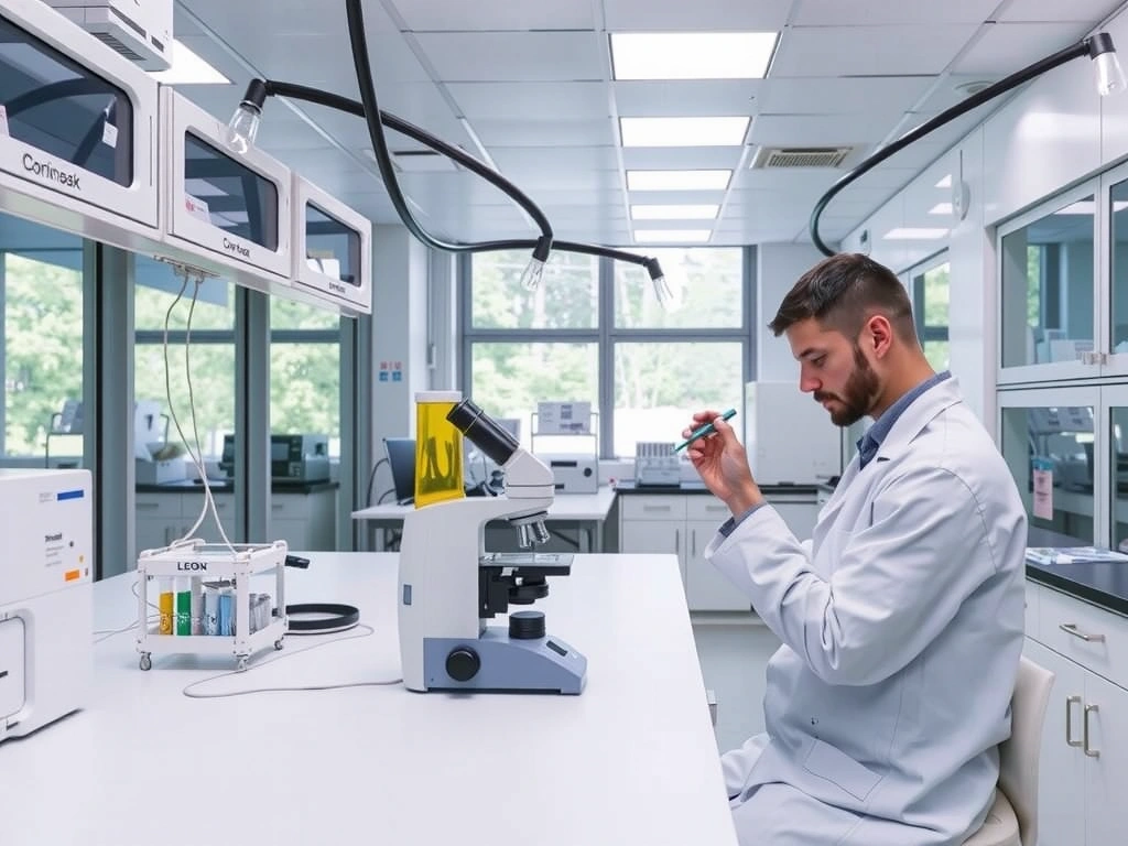 Imagine cu un laborator modern, curat, cu echipamente de testare avansate, simbolizând controlul calității.