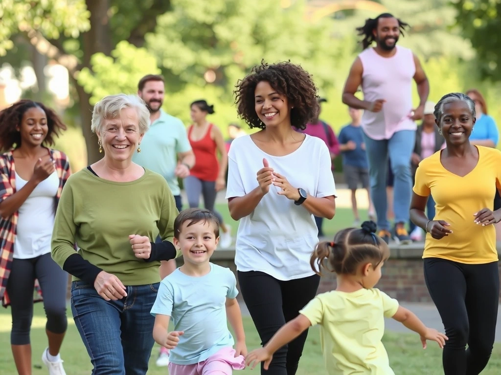 O comunitate diversă de oameni fericiți și activi, interacționând într-un parc, simbolizând sănătate și bunăstare colectivă.