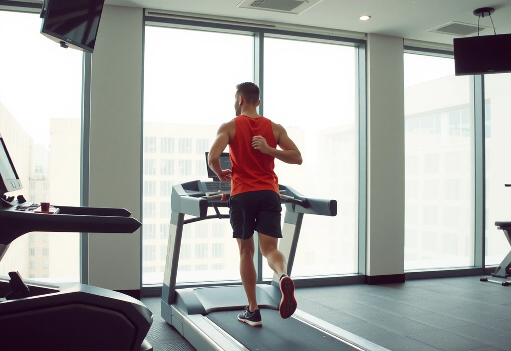 Bărbat alergând pe bandă de alergat într-o sală de fitness modernă.