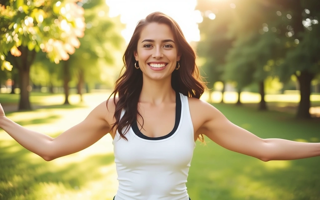 Femeie zâmbind, făcând yoga într-un parc verde, simbolizând un stil de viață sănătos și echilibrat.