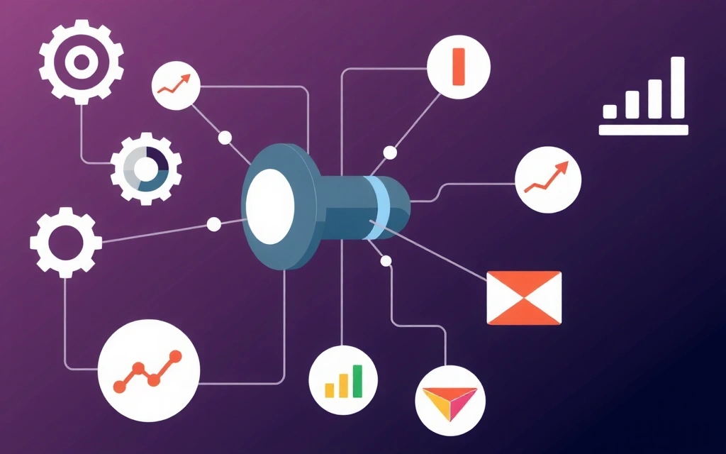 Ilustrație cu simboluri de date interconectate, reprezentând procesarea și utilizarea informațiilor.