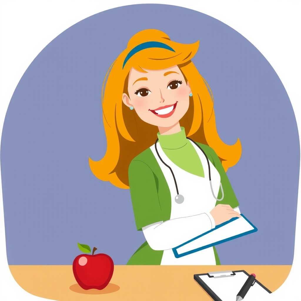 Ilustrație: Femeie dietetician cu o notiță, reprezentând consultații de specialitate